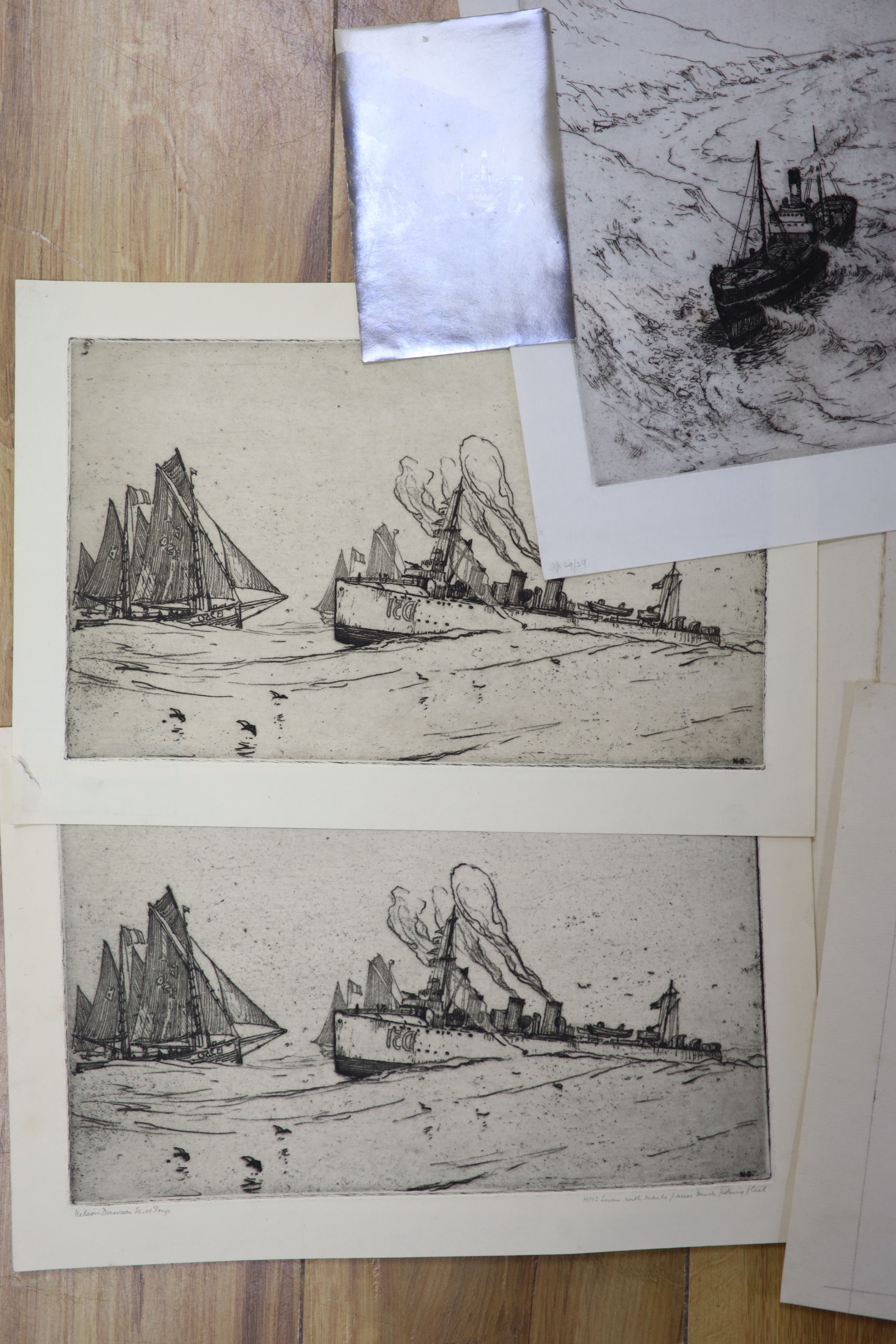 Nelson Dawson (1859-1941), a group of 12 unframed etchings, shipping at sea and coastal scenes